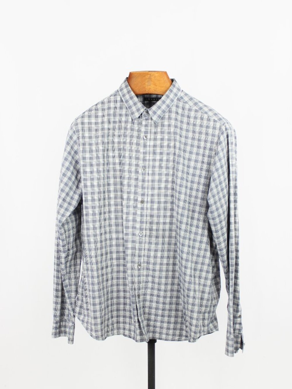 THEORY Zack PS Rossford Check Blue Grey Cotton Voile Button Down Shirt, Size XL